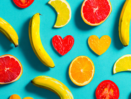 Vibrant citrus slices and pink paper hearts create a lively, cheerful scene against a bold blue...