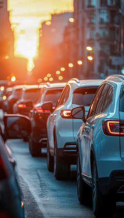 As evening falls, a vibrant city street hums with activity, silhouetted SUVs line the curb while...