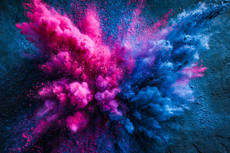 Dynamic splashes of vivid pink and blue powders burst across a textured background, creating an...