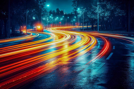 Dynamic streaks of neon illuminate a rainy urban avenue, their reflections dancing on slick pavement...