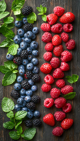 Juicy, vibrant berries nestled on weathered wood evoke rustic charm and fresh flavor, perfect for...