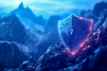 A luminous, high-tech barrier floats above rugged peaks, symbolizing advanced protection in a sleek,...
