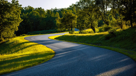 A tranquil country lane meanders through vibrant foliage, basked in warm amber light as late...