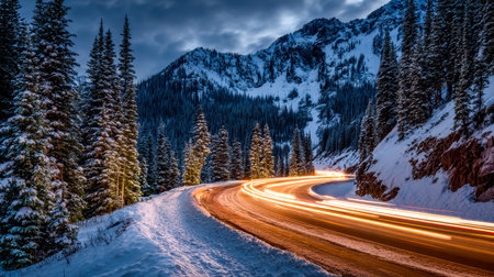 A icy mountain path adorned with fresh snow, streaked by vibrant light trails, weaving through a...
