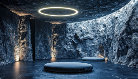 A sleek underground retreat boasts rounded seating arrangements, soft ambient illumination, and...