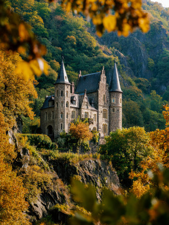 A majestic stone fortress stands amidst fiery red and golden leaves, towering over colorful mountain...