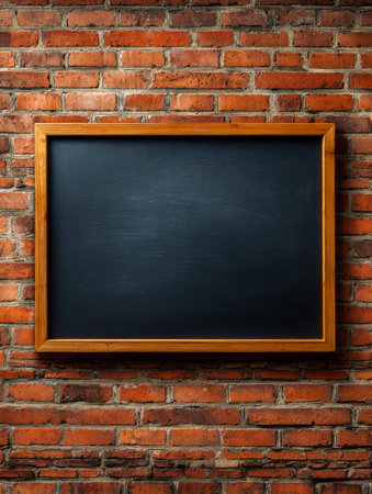 A sleek, unmarked blackboard hangs against a textured brick background, ready to display messages, lessons, or announcements in versatile academic or business settings.の写真素材
