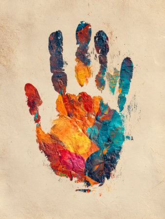 Vibrant handprints create an expressive, textured artwork against a neutral backdrop, evoking creativity, innocence, and youthful energy.の写真素材