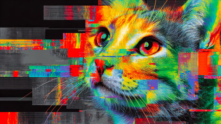 A dynamic, neon-lit feline emerges amidst a fractured digital landscape, bursting with vivid hues and fragmented glitch motifs that evoke energy and modern mystique.の写真素材