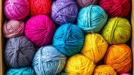 An artistic display of bright yarn balls nestled in a rustic wooden container, perfect for inspiring...