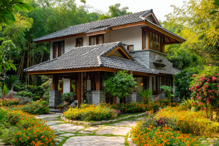 A peaceful two-level residence set amid rich greenery and bursts of colorful blossoms, creating a tranquil paradise perfect for relaxing retreats.の写真素材