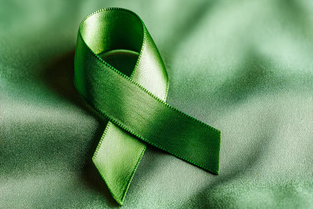 A vibrant green ribbon gracefully curves across shimmering silk, conveying solidarity and hope with a touch of elegance and subtlety.の写真素材