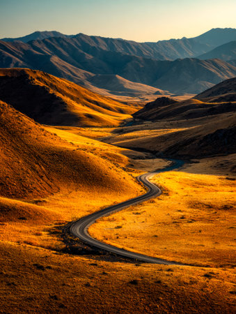 A peaceful, meandering path threads through lush, sunlit hills glowing in amber tones, leading toward majestic mountain ranges under a warm, fading sunset sky.の写真素材
