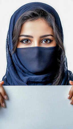 A contemplative woman wearing a navy headscarf and matching face mask presents a neutral message board, symbolizing advocacy or personal expression.の写真素材