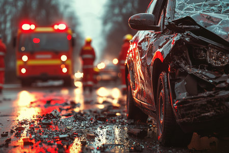 Emergency personnel assess a battered vehicle amidst slick pavement after a collision, signaling...