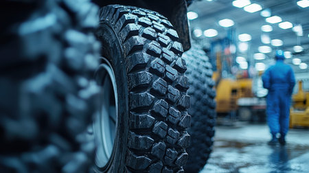 Durable off-road tires rest on a workshop floor, with focused workers in the background preparing...