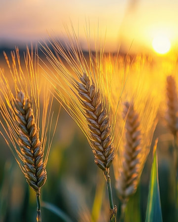 Vibrant wheat heads glow warmly as evening sun bathes a sprawling field, evoking harvest abundance...