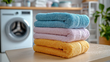 Soft pastel towels are meticulously stacked on a rustic wooden surface, creating a cozy and inviting laundry room scene perfect for home care or interの写真素材