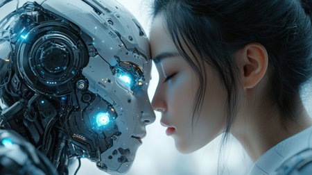 A close-up of a human and android gently pressing foreheads, blending organic and synthetic features with glowing futuristic elements symbolizing unitの写真素材