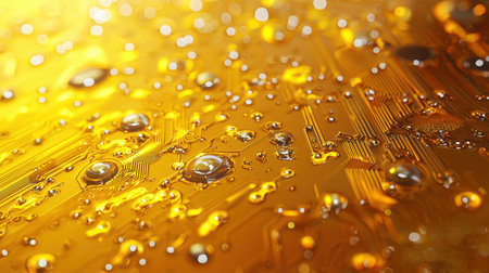 A detailed view of a gold-tinted circuit pattern kissed by tiny water beads, evoking a fusion of...