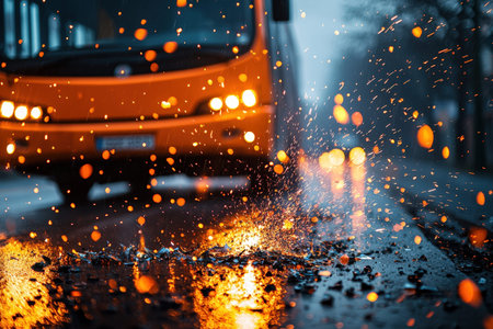 A vibrant 4x4 zooms through a rainy evening, sending water spray and sparks flying, capturing...