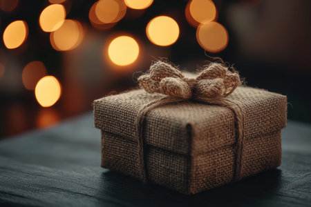 A charming, vintage-style package with rough twine and a delicate bow rests on a dark wooden table,...