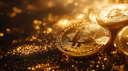Metallic bitcoin tokens with intricate engravings rest against a vibrant, glowing bokeh backdrop,...