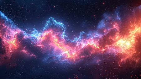 A stunning interstellar scene featuring luminous pink, violet, and azure gas formations swirling...