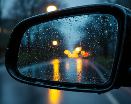 A moody nighttime scene seen through a car's side mirror, rain-kissed glass amplifies shimmering...