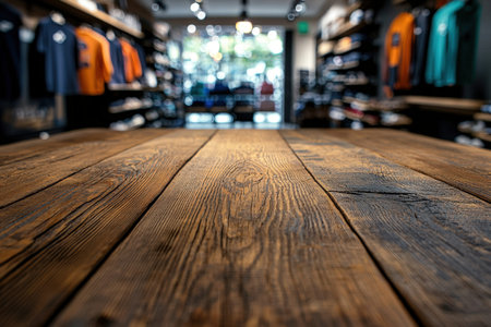 A rustic wooden surface highlights a boutique's inviting atmosphere, with out-of-focus fashion items...