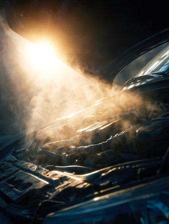 Warm sunrise beams illuminate a sleek engine, releasing gentle vapor as intricate components...