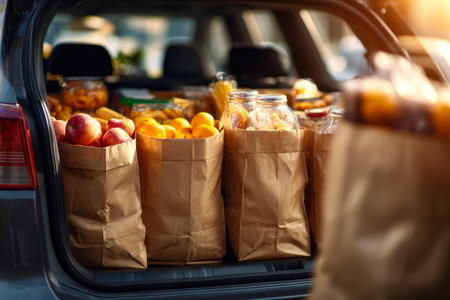 A vehicle?s open trunk brimming with paper bags packed with vibrant produce and canned, evoking a...