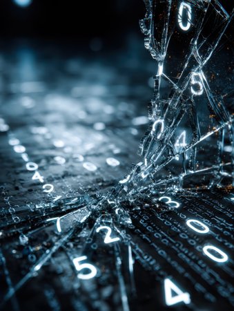 Fragmented glass illuminated by neon digital codes, evoking a sense of vulnerability, intrusion, and...