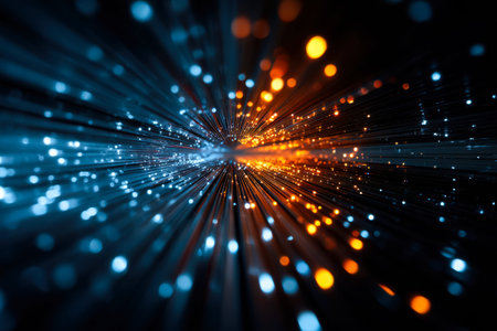 Dynamic streaks of luminescent blue and orange intertwine against a backdrop of colorful bokeh,...