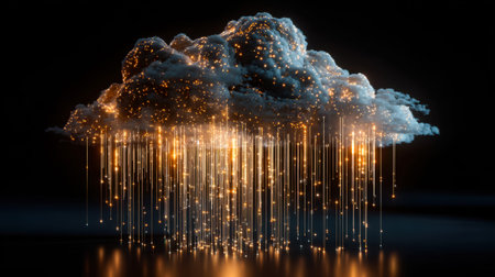A futuristic digital cloud emits luminous streaks and sparks, mirrored on a tranquil water surface,...