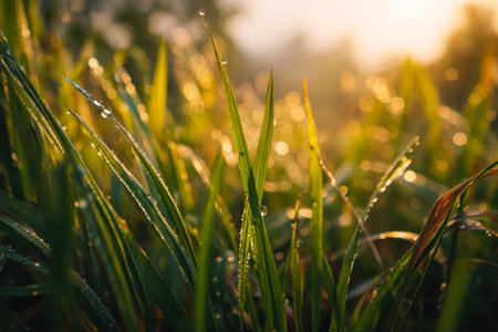 Morning light highlights glistening grass blades dotted with fresh dew, creating a serene and...