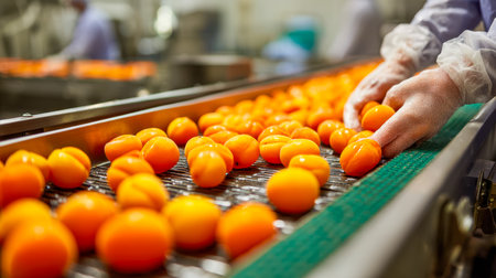 Vibrant apricots glide along a conveyor, poised for quality check in a busy processing plant, capturing freshness and industrial efficiency.の写真素材