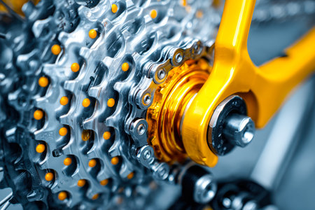 Detailed view of a sleek bike's rear drivetrain, highlighting metallic cogs and an agile derailleur,...