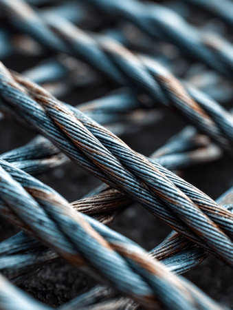 Textured steel cables weathered with rust form a tangled pattern, highlighting rugged surface details and aging effects suitable for industrial themesの写真素材