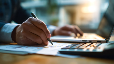 A professional engrossed in reviewing charts and data on a sleek laptop amid a luminous workspace,...