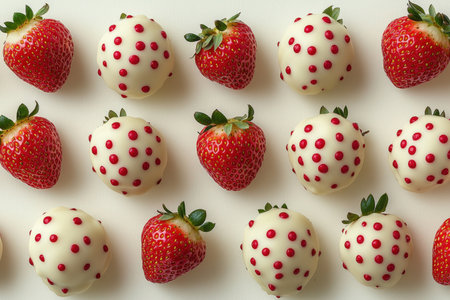 Juicy red strawberries dipped in smooth white chocolate, topped with vibrant red sprinkles, artfully displayed against a clean white backdrop.の写真素材