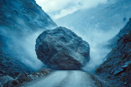 A massive, weathered stone rests across a narrow mountain trail, surrounded by jagged rocks and...