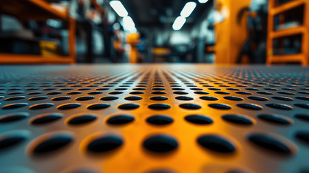 Textured metallic panel with punch holes, set against a busy workshop background, conveying industrial craftsmanship and precision engineering.の写真素材
