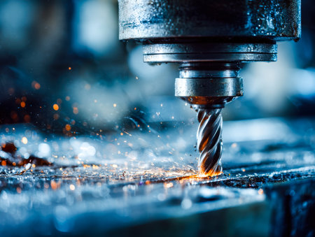Intense macro shot capturing a metallic drill bit sparks as it pierces through tough steel,...