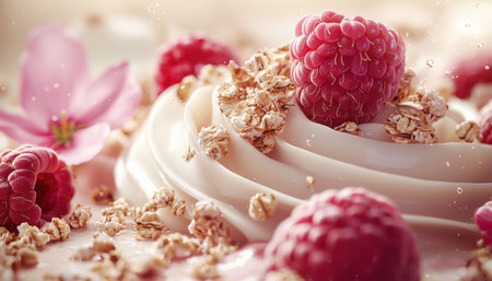 Elegantly presented creamy treat garnished with vibrant raspberries, crunchy granola, and delicate...