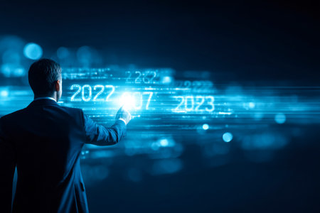 A professional male in a sleek suit engages with a vibrant, holographic timeline illustrating the...