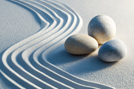 A tranquil outdoor space featuring meticulously arranged smooth pebbles and swirling sand patterns, evoking harmony and inner peace.の写真素材