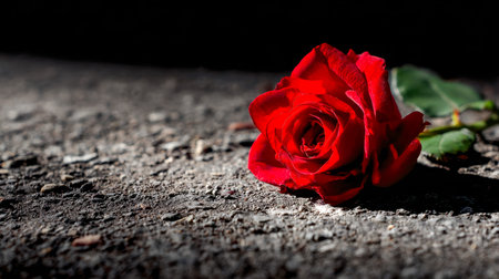 A vibrant crimson blossom rests gently on rough, patterned earth, set against a deep, shadowy...