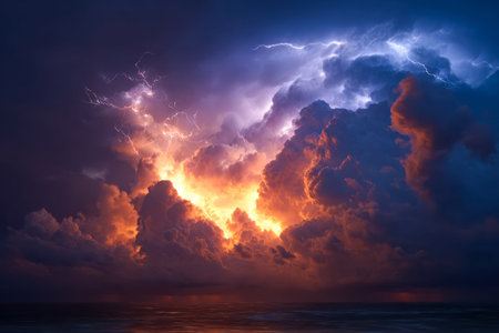 A vibrant sunset illuminates turbulent skies as jagged lightning crackles over the churning sea,...