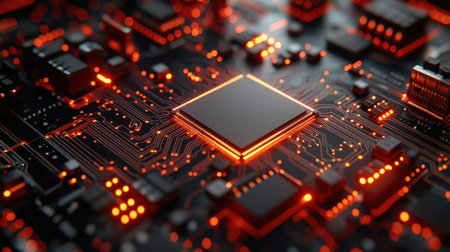 Vivid electronic pathways glow with vibrant lights, showcasing cutting-edge microchips and...